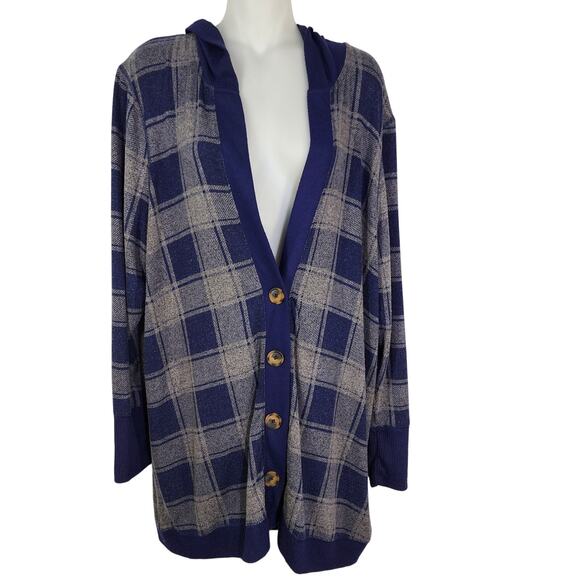 Maurices Hooded Cardigan Sweater Size XL Blue Gray Plaid Stretch V Neck Buttons - Picture 1 of 11